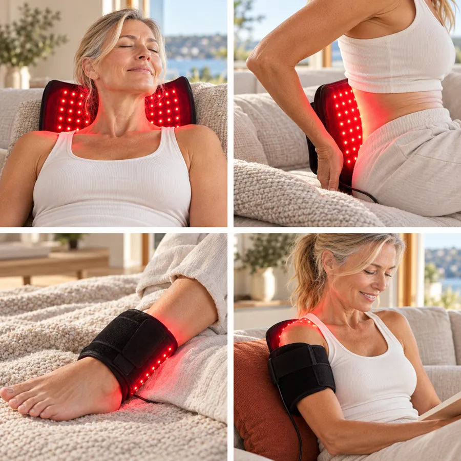 The same RelumaHealth model demonstrating neck and shoulders, back and hips, foot and leg, and upper back and arm placement